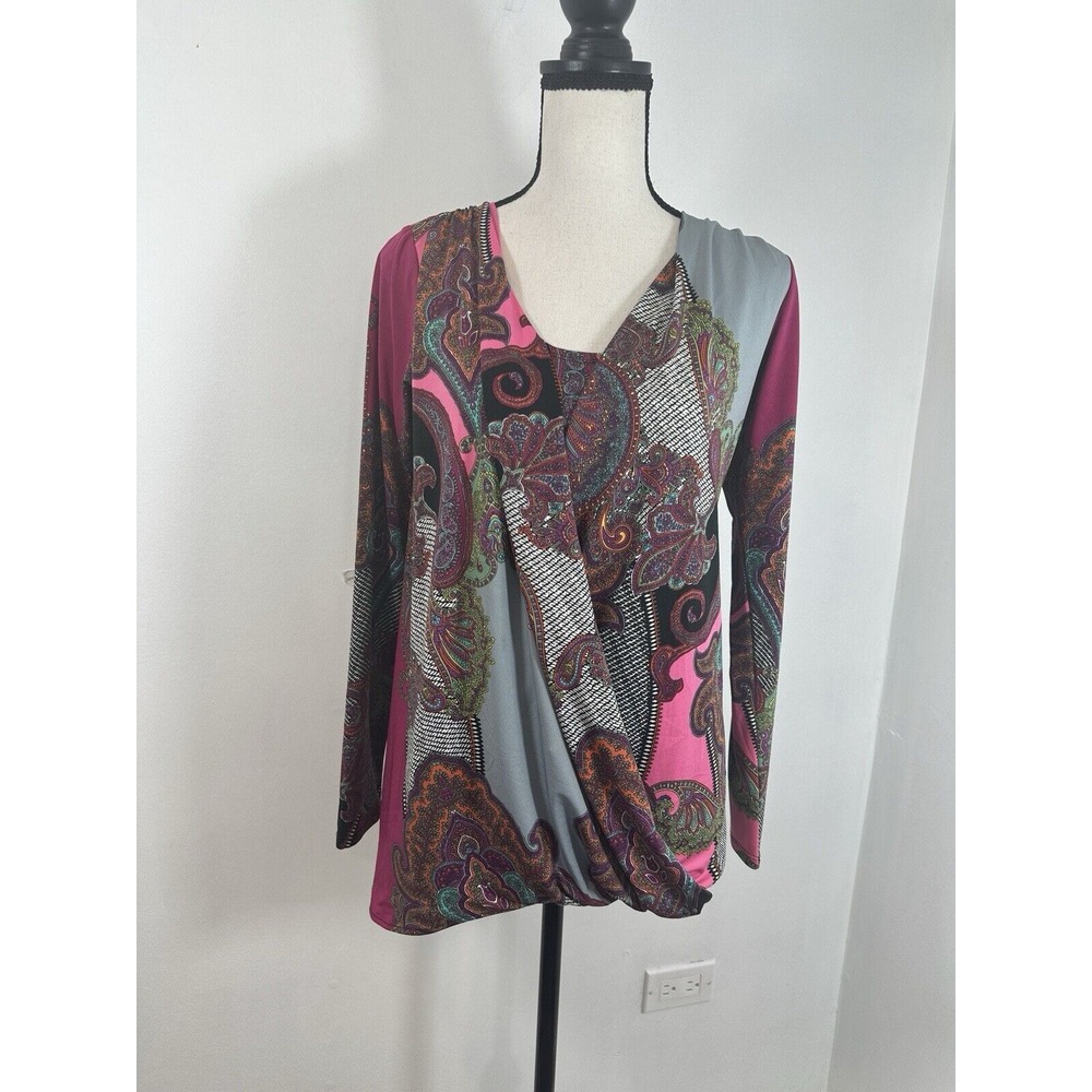 JULIAN CHANG Paisley Print Wrap Long Sleeve  Top Women's Size S
